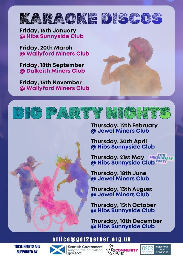 The second page of the flyer, listing the karaoke discos and big party nights — the same dates are written out beside this picture. Supported by the Scottish Government and The National Lottery Community Fund